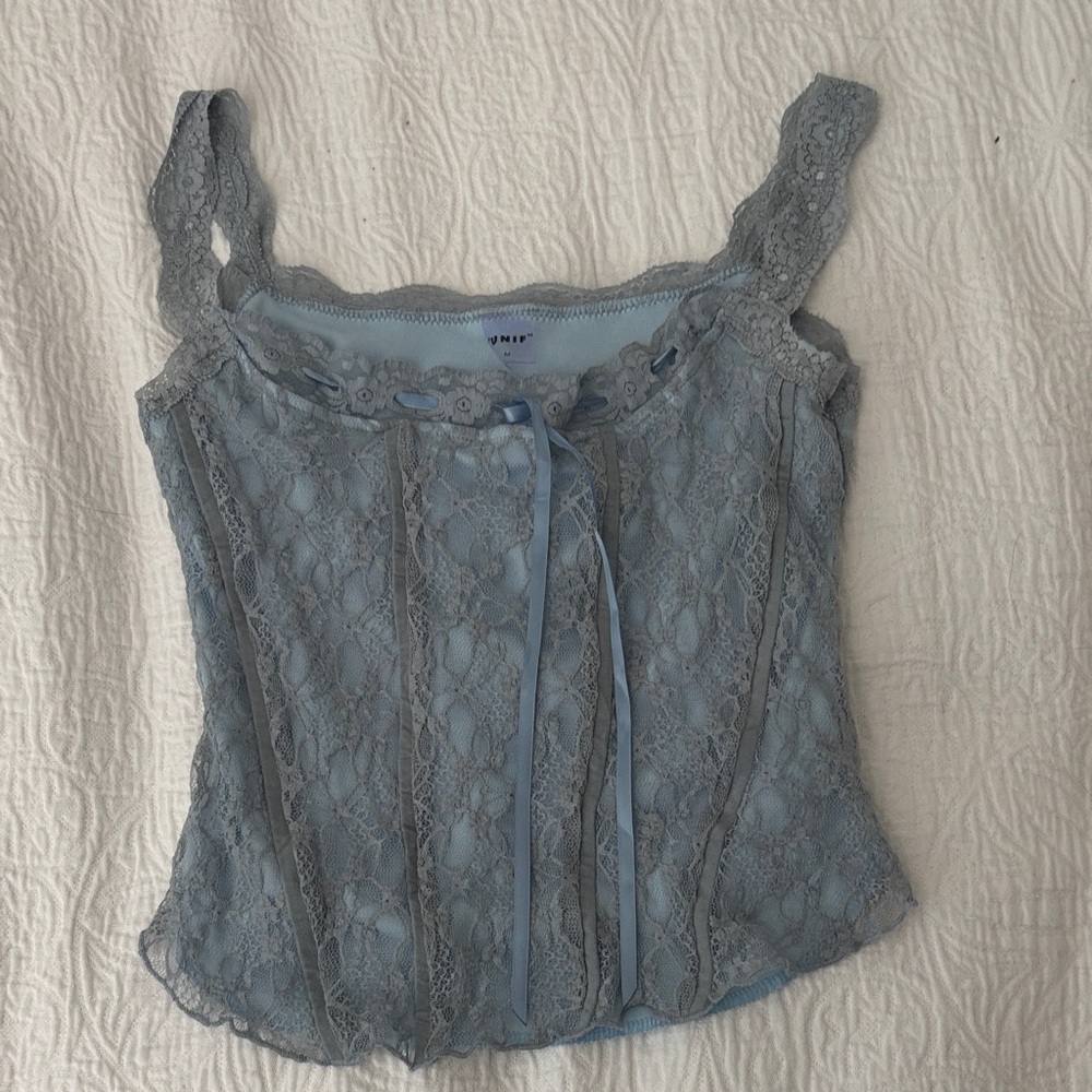 UNIF Lace Crop Top in Soft Blue